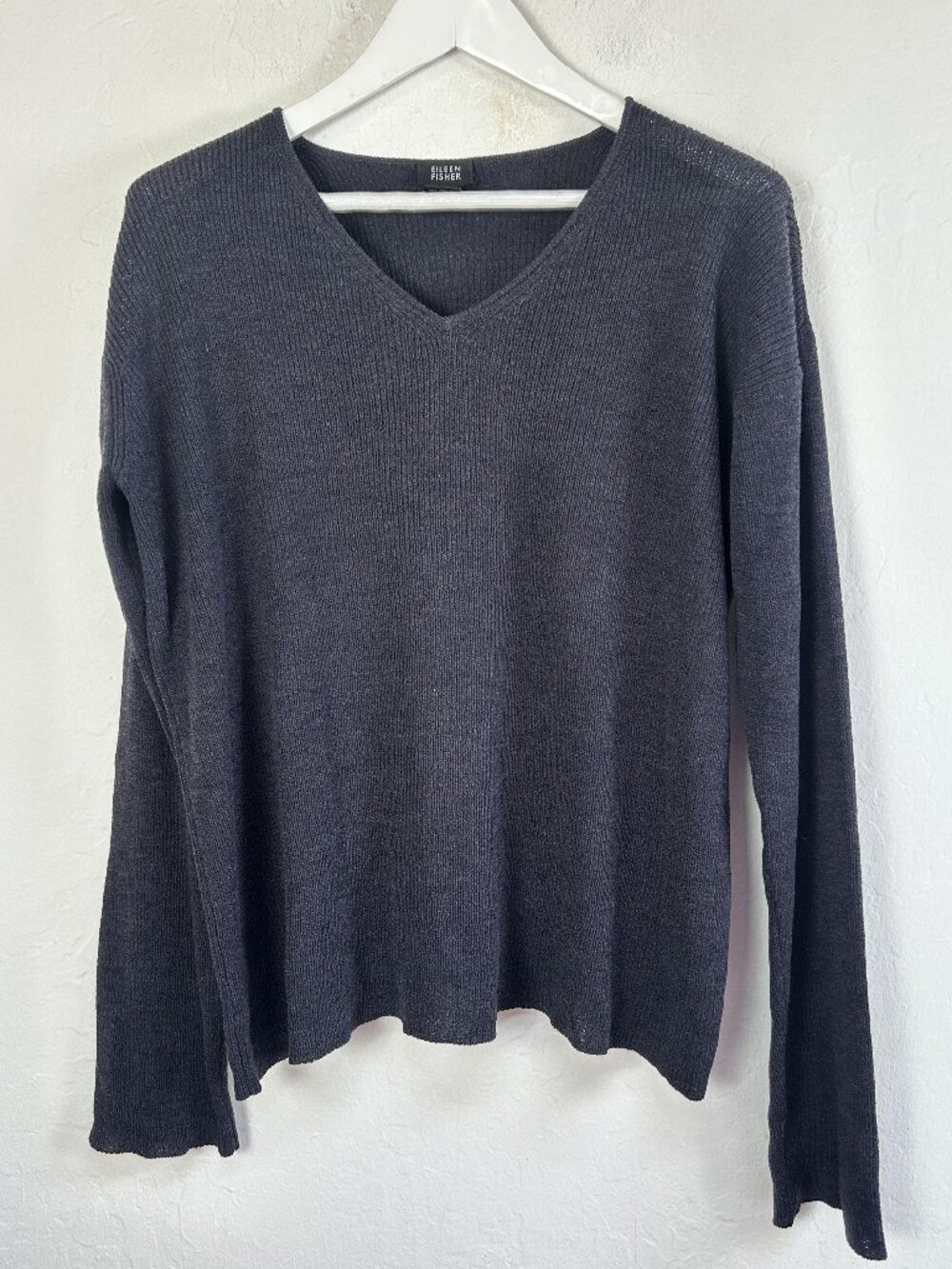Eileen Fisher Womens Gray Wool Blend V-Neck Sweater Large Ribbed Knit Minimalist